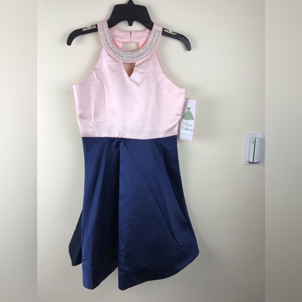 rara editions girls jeweled neck navy/ blush dress size 12/new